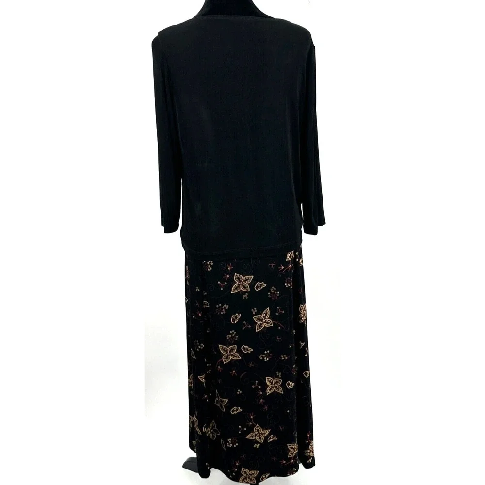 Christopher & Banks Womens Top Skirt Set Large Black Metallic Floral Travel Knit_5